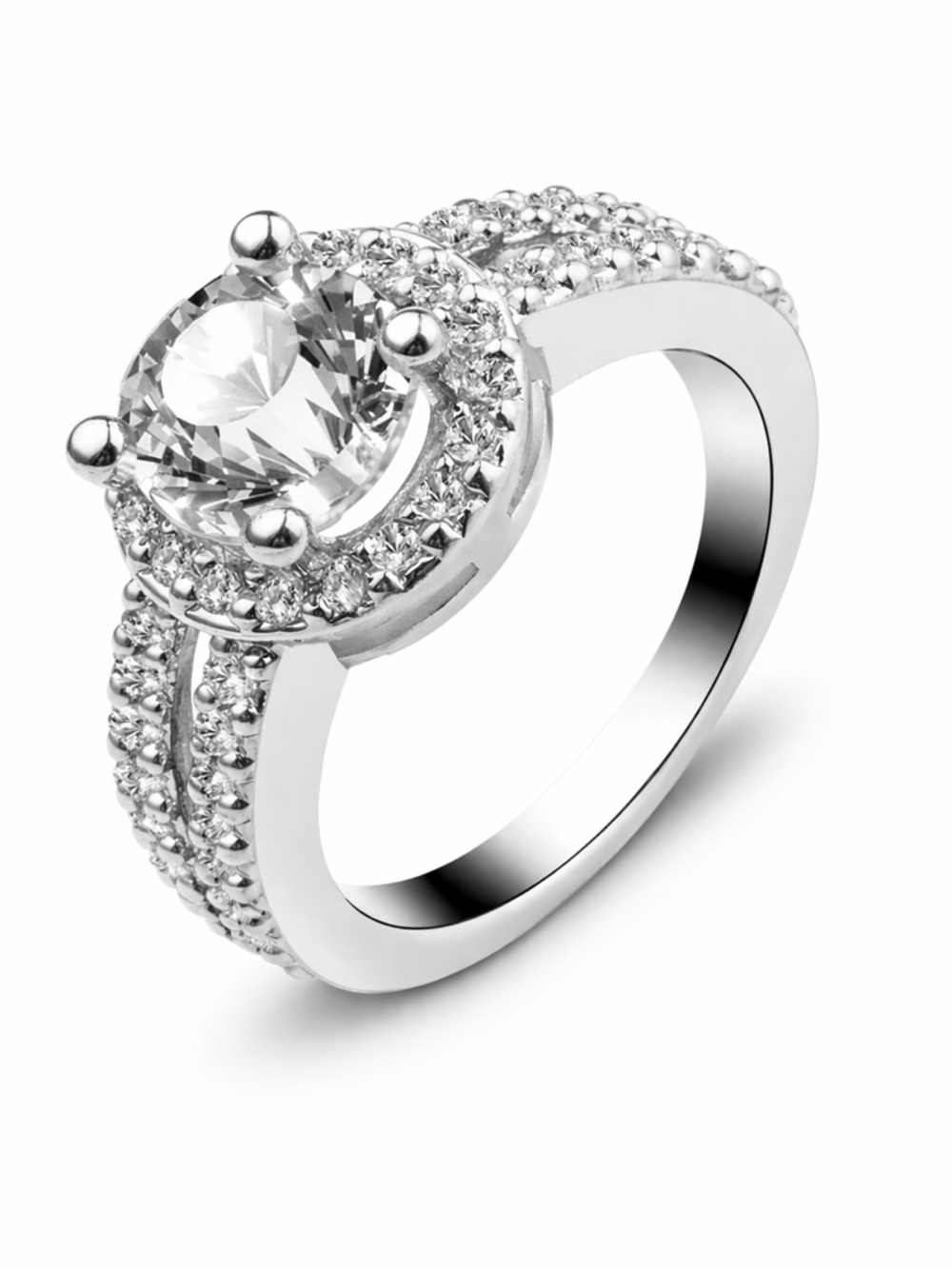 Stainless Steel Silver White Crystal Halo Ring